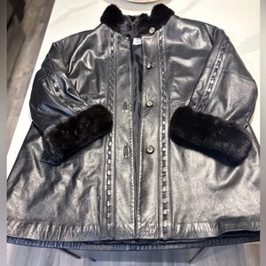 Vintage Black Leather Jacket with mink Fur Accents
